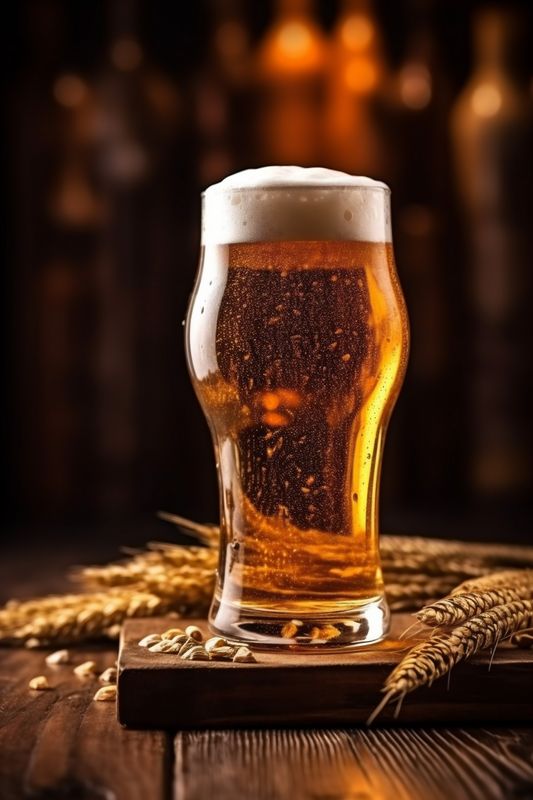 glass pint beverage alcohol lager foam gold beer drink pub. Generative AI.