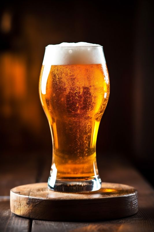 beer pint pub drink glass alcohol lager beverage foam gold. Generative AI.