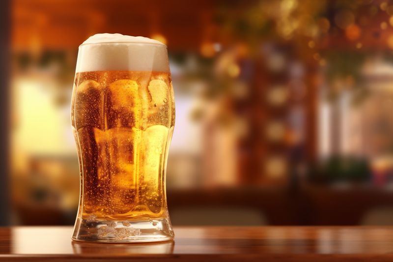 beer pint alcohol gold pub beverage glass drink lager foam. Generative AI.