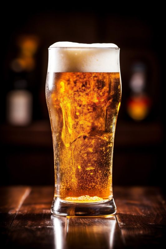 beverage foam lager pub alcohol drink beer pint gold glass. Generative AI.