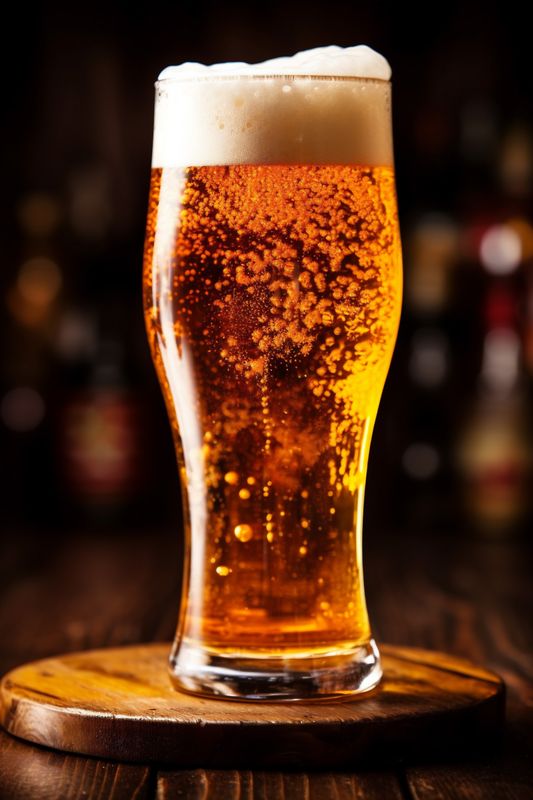 lager alcohol beer foam glass gold pint pub drink beverage. Generative AI.
