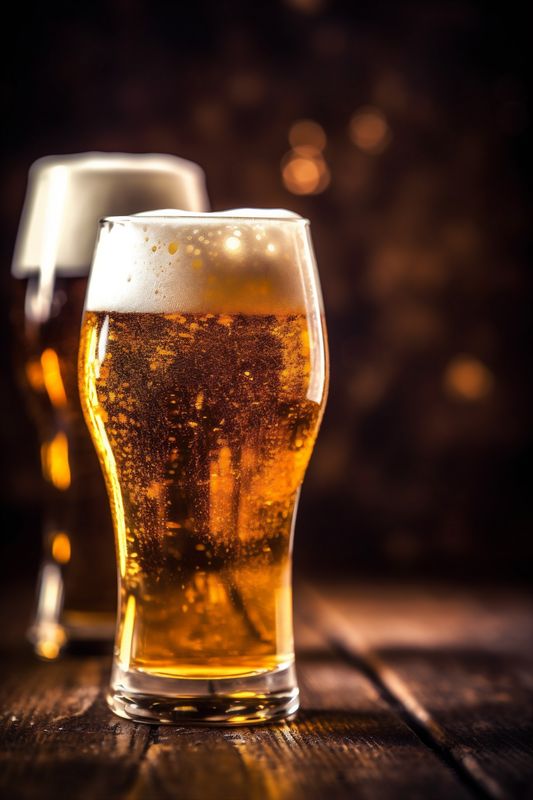 lager alcohol beer pub beverage foam gold pint glass drink. Generative AI.