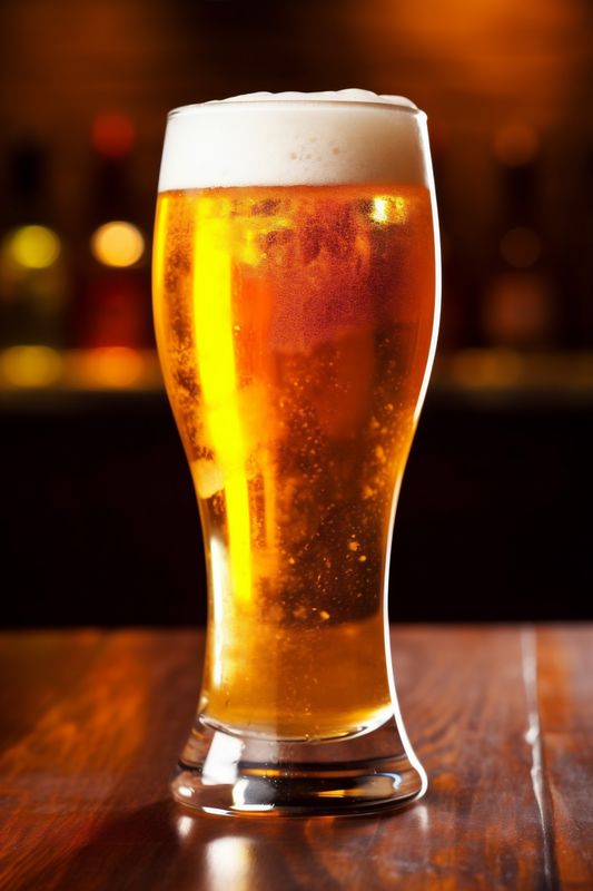 gold lager pint drink foam beer pub beverage alcohol glass. Generative AI.