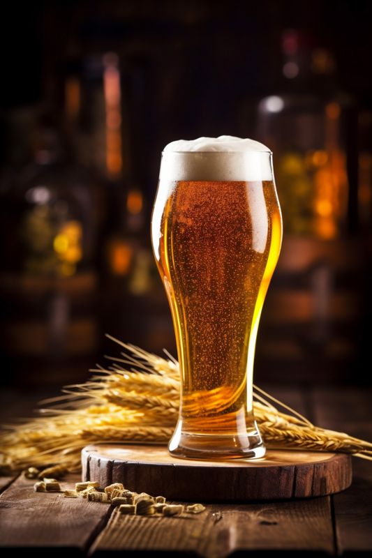 pub beverage alcohol glass pint foam lager drink beer gold. Generative AI.