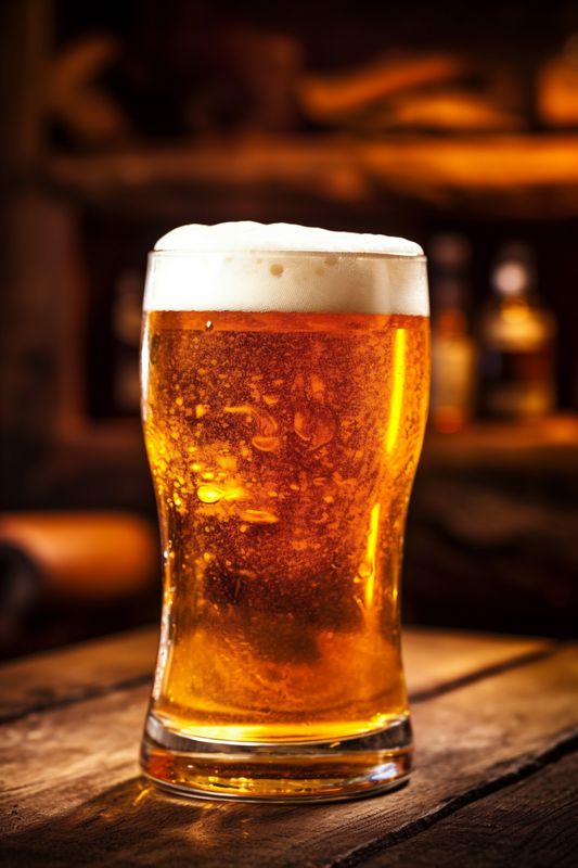 foam drink alcohol pub beer pint lager beverage gold glass. Generative AI.