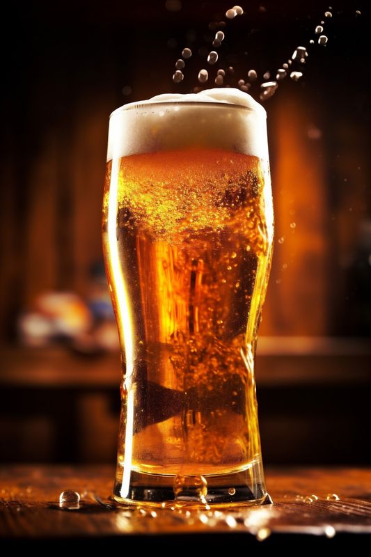 pub gold drink beverage pint lager foam glass beer alcohol. Generative AI.
