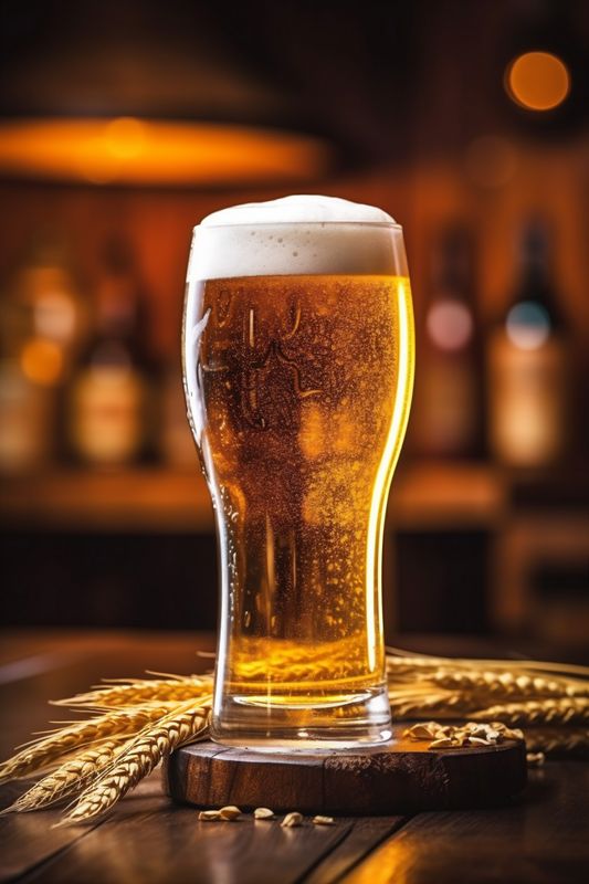 beer drink beverage gold alcohol pint pub foam glass lager. Generative AI.