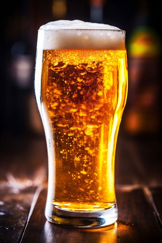 beverage drink lager pint pub gold alcohol glass foam beer. Generative AI.