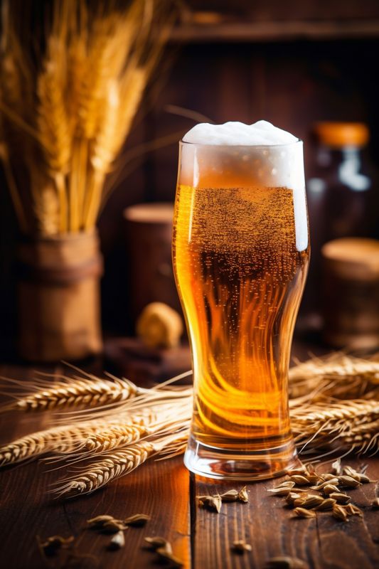 alcohol gold pub lager beverage beer foam pint glass drink. Generative AI.