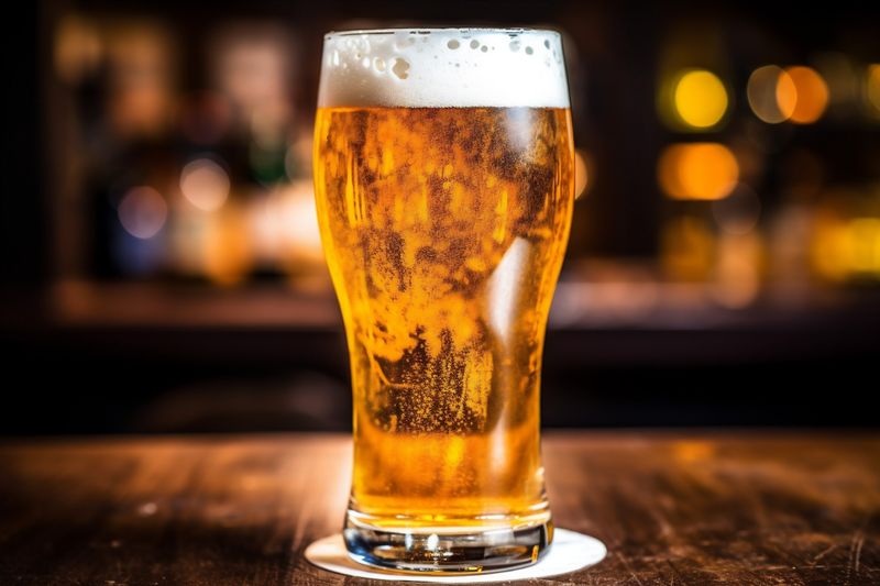 glass pub drink beverage beer pint foam gold alcohol lager. Generative AI.