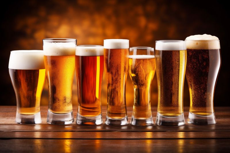 glass foam pint lager beverage pub drink alcohol beer gold. Generative AI.