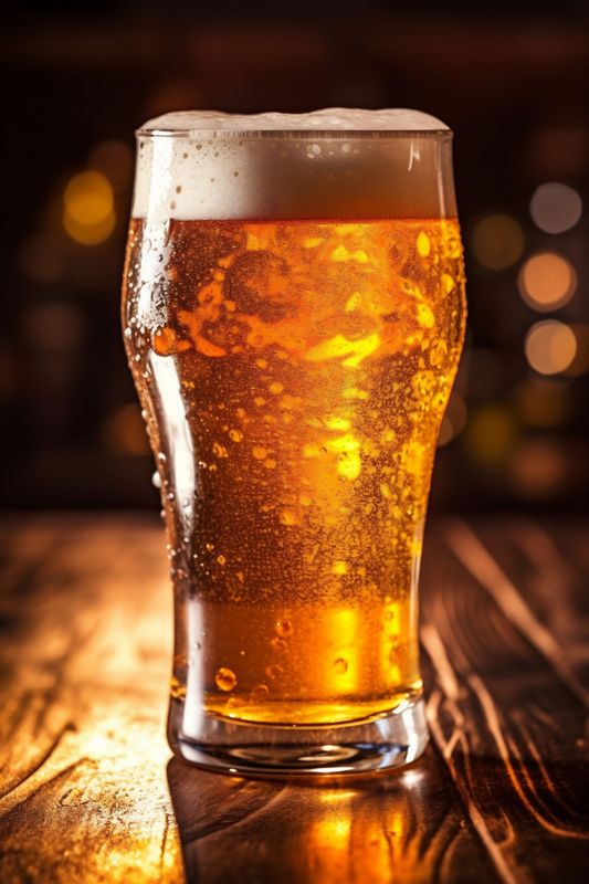 pub drink gold beverage beer glass pint alcohol lager foam. Generative AI.