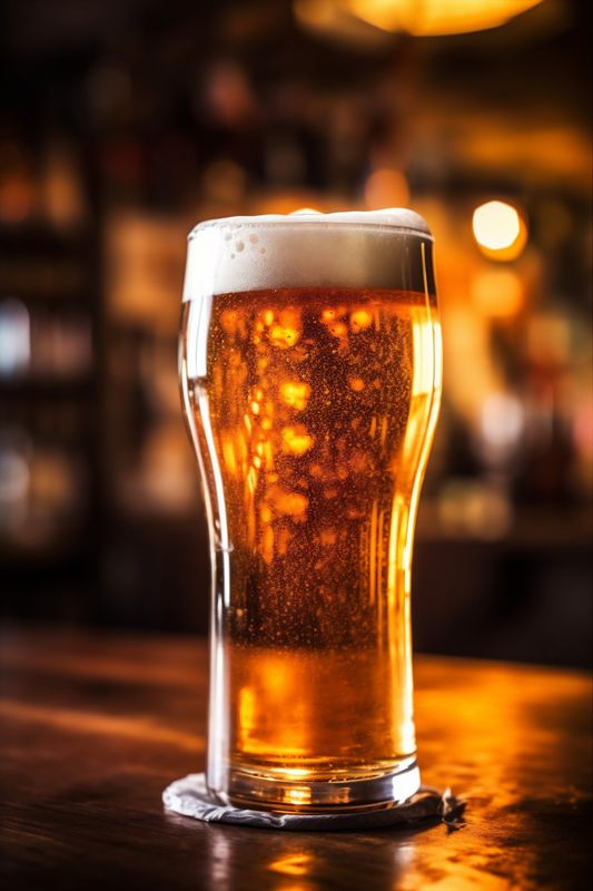 gold drink pint glass lager pub beer beverage foam alcohol. Generative AI.