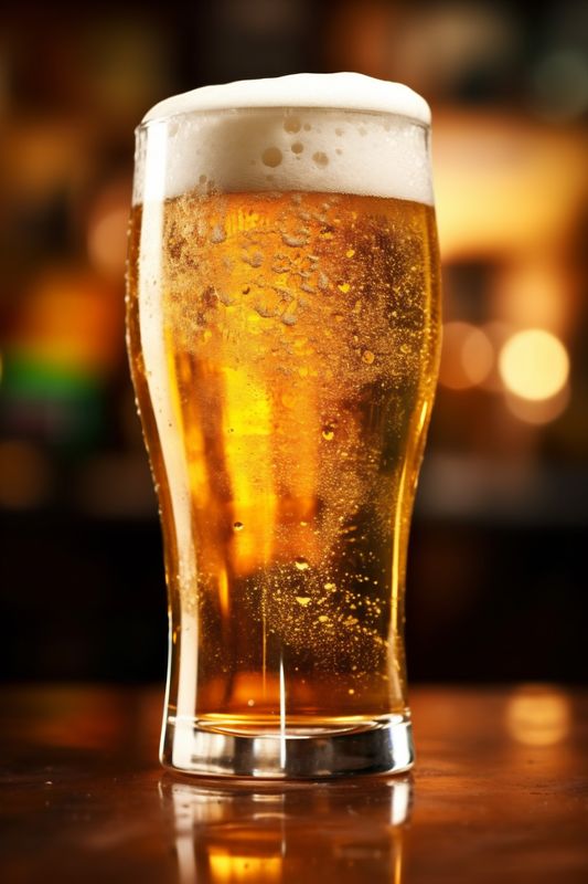 gold drink glass beverage beer foam pint lager alcohol pub. Generative AI.