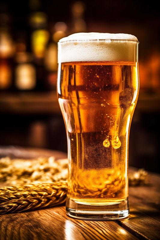 beer gold pint drink alcohol foam beverage lager pub glass. Generative AI.