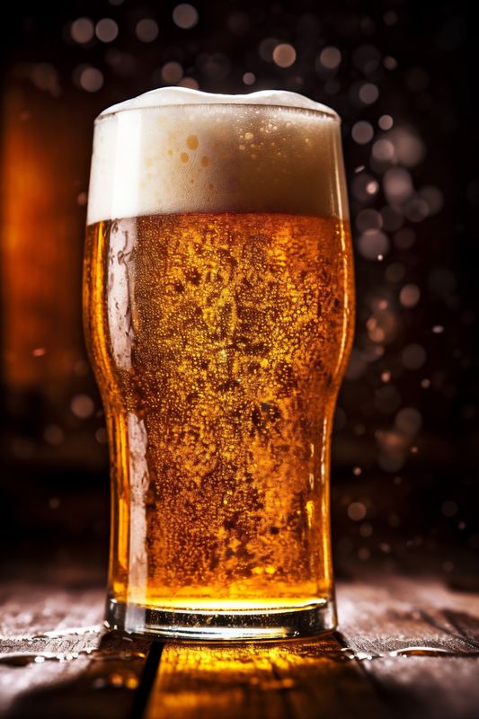 foam gold beverage beer pint alcohol glass pub lager drink. Generative AI.