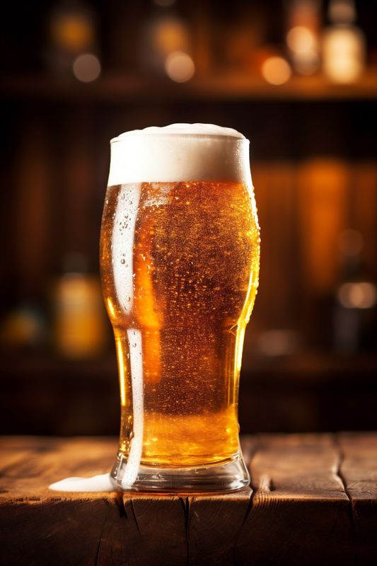 glass alcohol gold beverage beer drink pub pint lager foam. Generative AI.