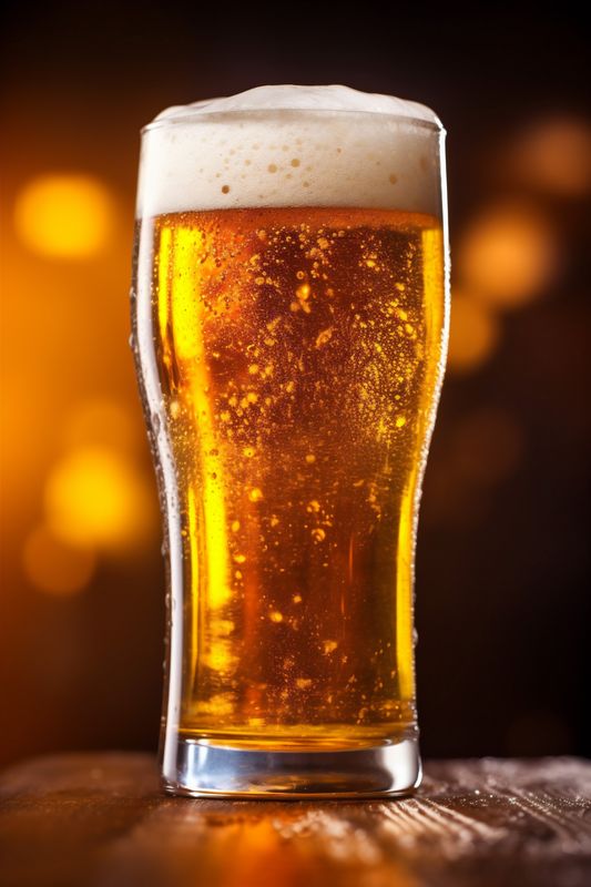 lager pint gold beer beverage alcohol foam glass drink pub. Generative AI.