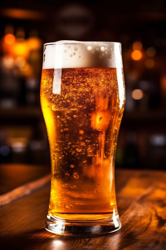 foam pint beer pub gold glass beverage alcohol lager drink. Generative AI.