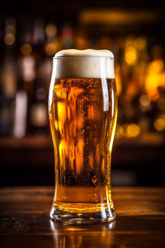 pub glass foam beer beverage gold lager drink alcohol pint. Generative AI.