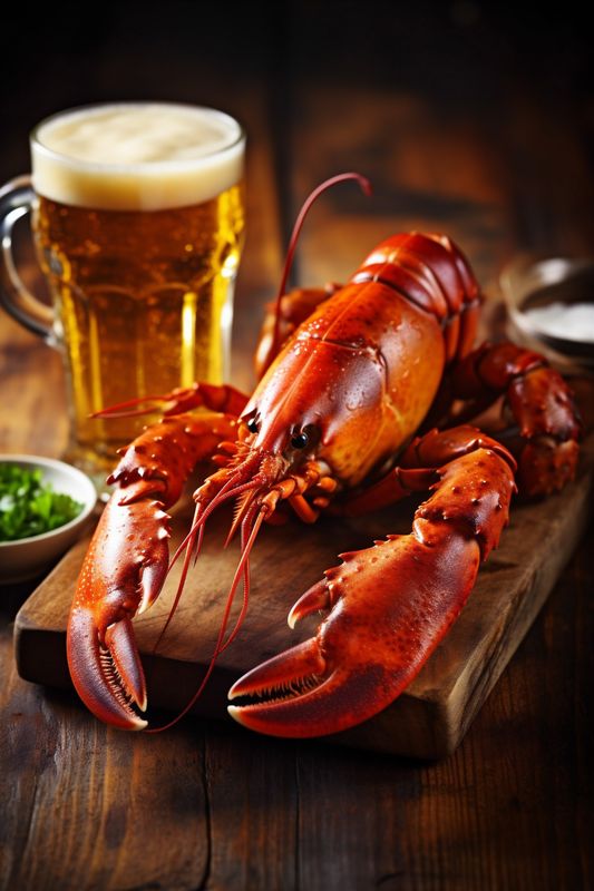 red background snack food fish crawfish glass crab seafood crayfish beer. Generative AI.