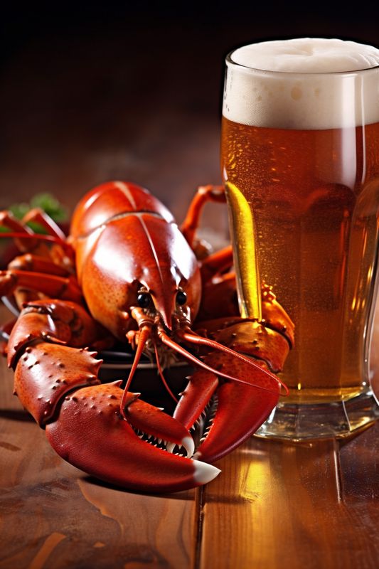 food glass beer crayfish crawfish red crab boiled background seafood snack. Generative AI.