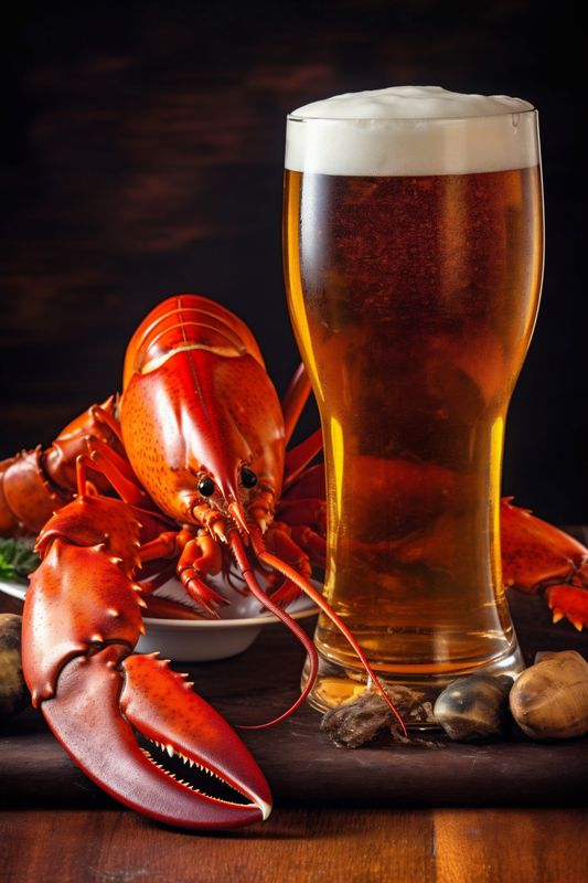 crawfish beer crab crayfish glass background red seafood snack food delicious. Generative AI.