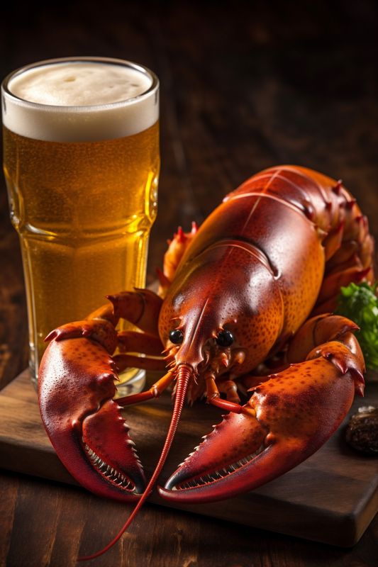 crawfish beer crayfish crab seafood food glass snack beverage red background. Generative AI.