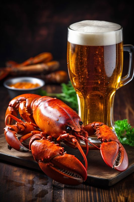 glass snack crayfish crab beer crawfish glass beer seafood food red background. Generative AI.