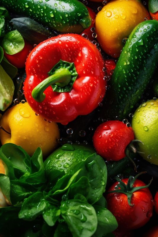 red fresh close-up vegetable water vegetarian healthy green food drop organic background. Generative AI.