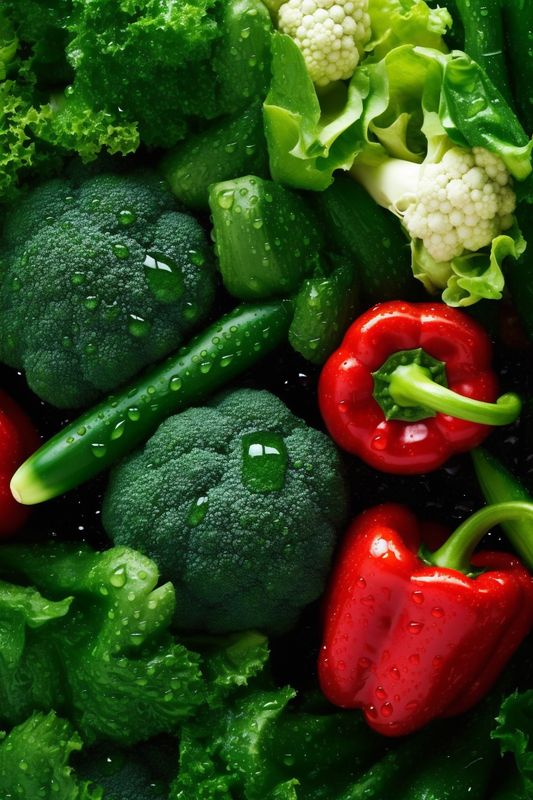 close-up healthy vegetarian water vegetable food fresh ingredient green background drop organic. Generative AI.