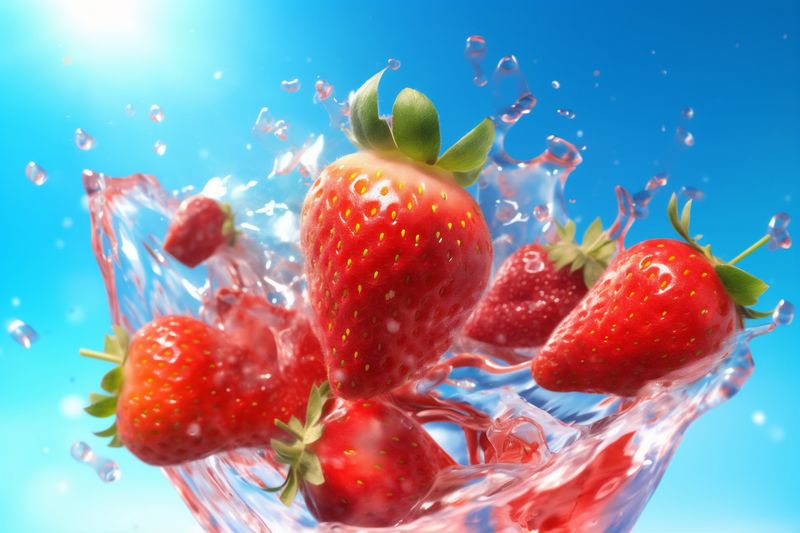 fruit strawberry red splash background healthy food blue water freshness fresh. Generative AI.