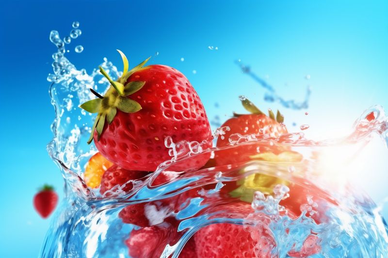 strawberry freshness fruit background food fresh splash water healthy blue red. Generative AI.