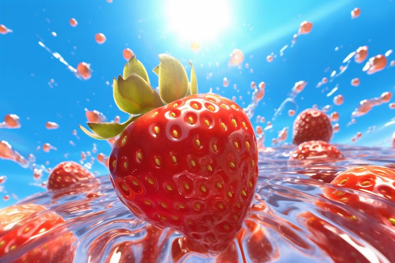 food freshness water fruit background blue splash fresh strawberry healthy red. Generative AI.