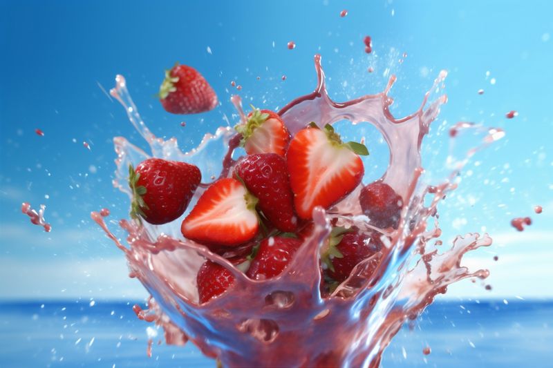 blue fruit freshness fresh water splash strawberry red background healthy food. Generative AI.