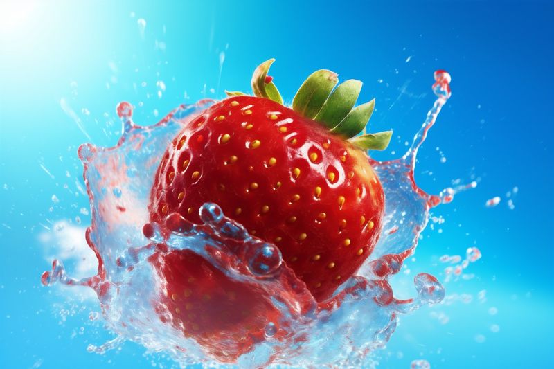 strawberry water blue splash fruit healthy red background food fresh freshness. Generative AI.