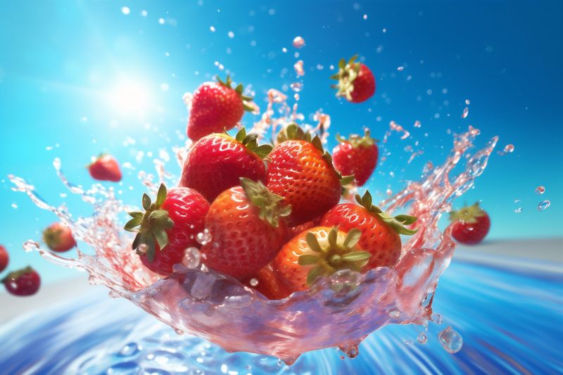 food fruit water strawberry blue splash healthy red fresh freshness background. Generative AI.