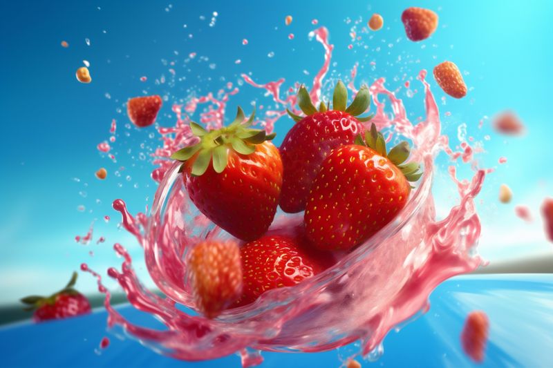 red strawberry water fresh freshness background food fruit healthy blue splash. Generative AI.