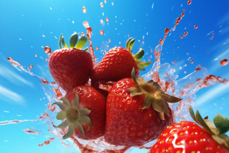 strawberry background healthy red water fresh food splash freshness blue fruit. Generative AI.