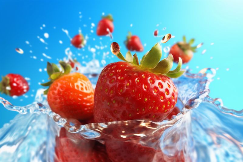 strawberry background water splash fresh fruit healthy food blue freshness red. Generative AI.