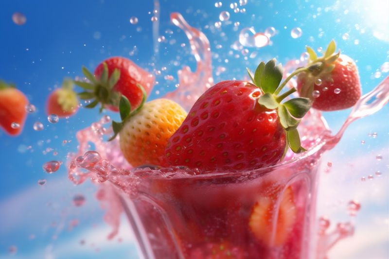 healthy freshness red fresh water background blue food strawberry fruit splash. Generative AI.