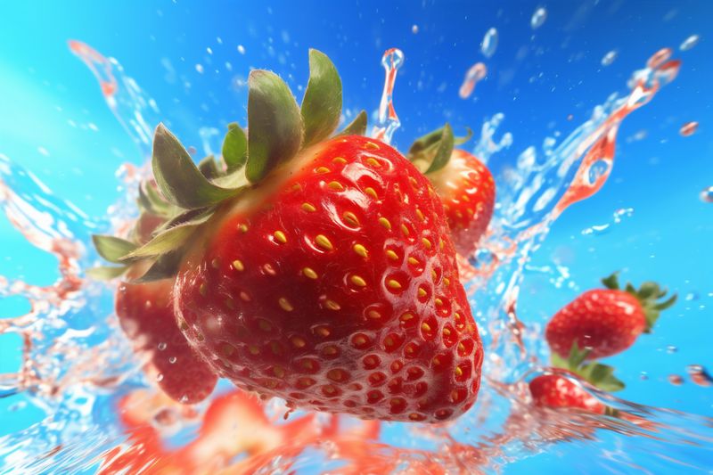 freshness fresh healthy strawberry fruit blue red background water food splash. Generative AI.