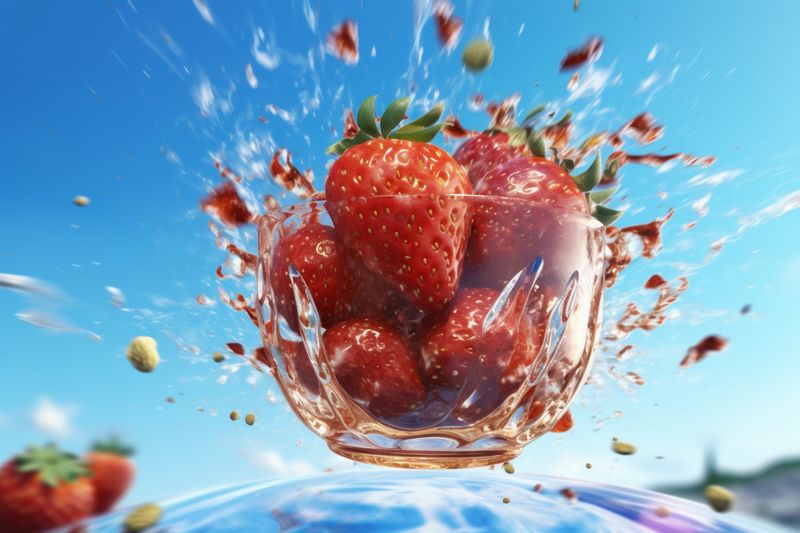 freshness healthy splash fresh water blue background food red fruit strawberry. Generative AI.