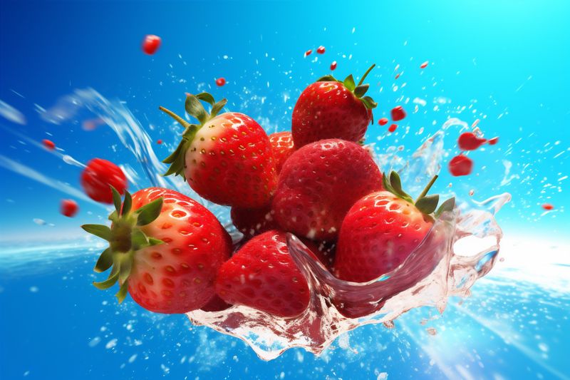 fresh food background healthy strawberry freshness water splash blue fruit red. Generative AI.