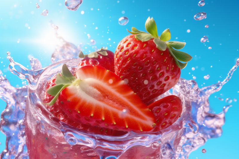 healthy red fresh blue freshness water strawberry fruit background splash food. Generative AI.