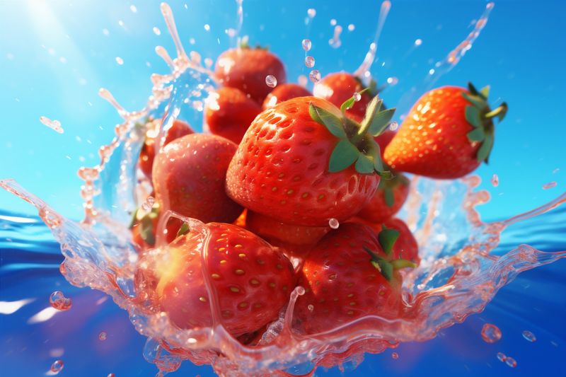 fruit fresh freshness splash healthy food water red strawberry blue background. Generative AI.