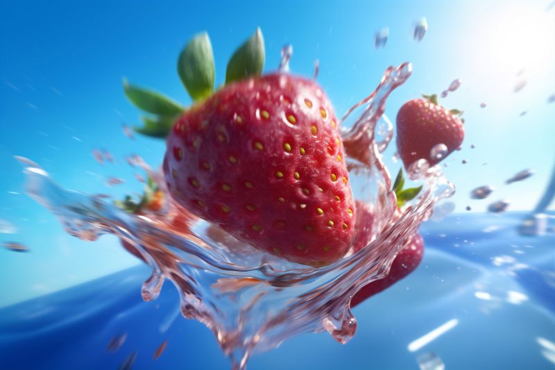 red healthy strawberry blue background water fresh food fruit freshness splash. Generative AI.