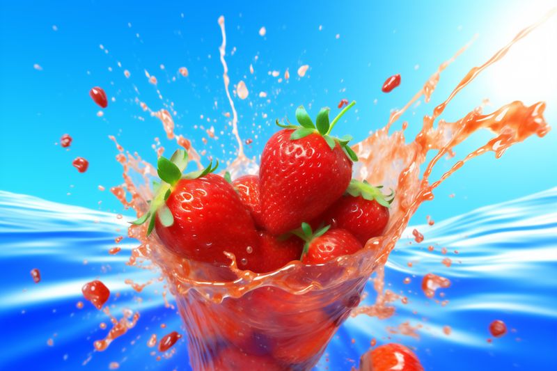 fresh water healthy fruit splash strawberry freshness blue food red background. Generative AI.
