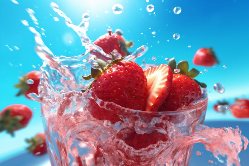 water freshness healthy fresh red fruit blue food strawberry splash background. Generative AI.