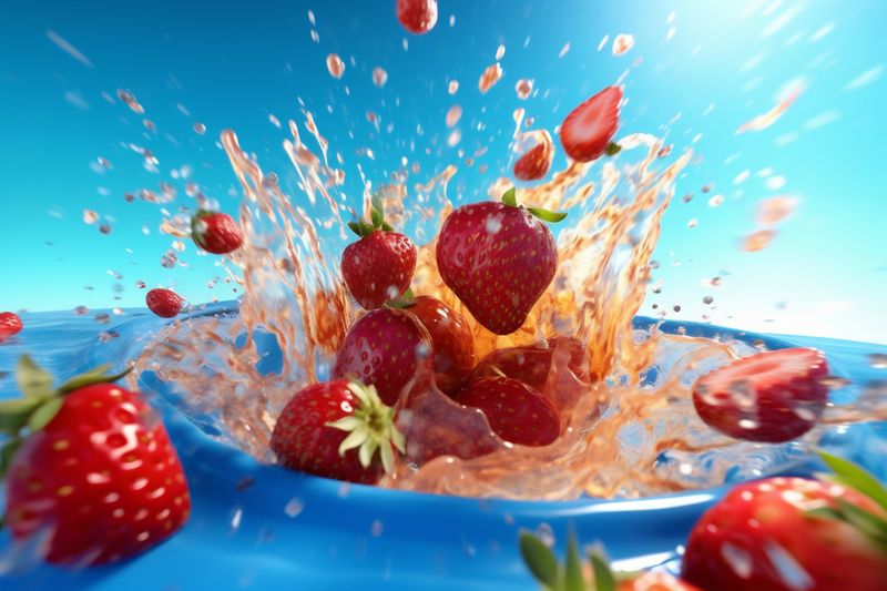 red splash strawberry blue fresh healthy freshness food background water fruit. Generative AI.